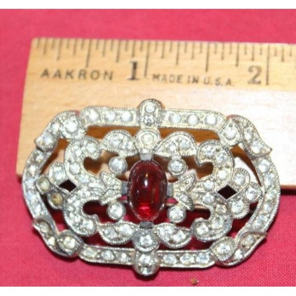 Vtg White Red Rhinestone Silver Color Brooch Collectible Jewelry Decorative Pin - Picture 5 of 6